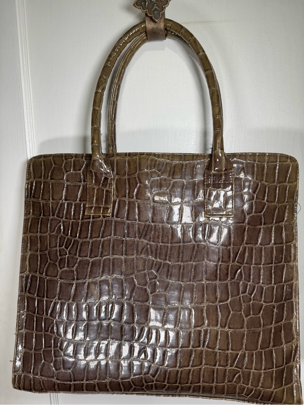 Murval Croc-Embossed Brown Patent Top-Handle‎ Tote Laptop Bag